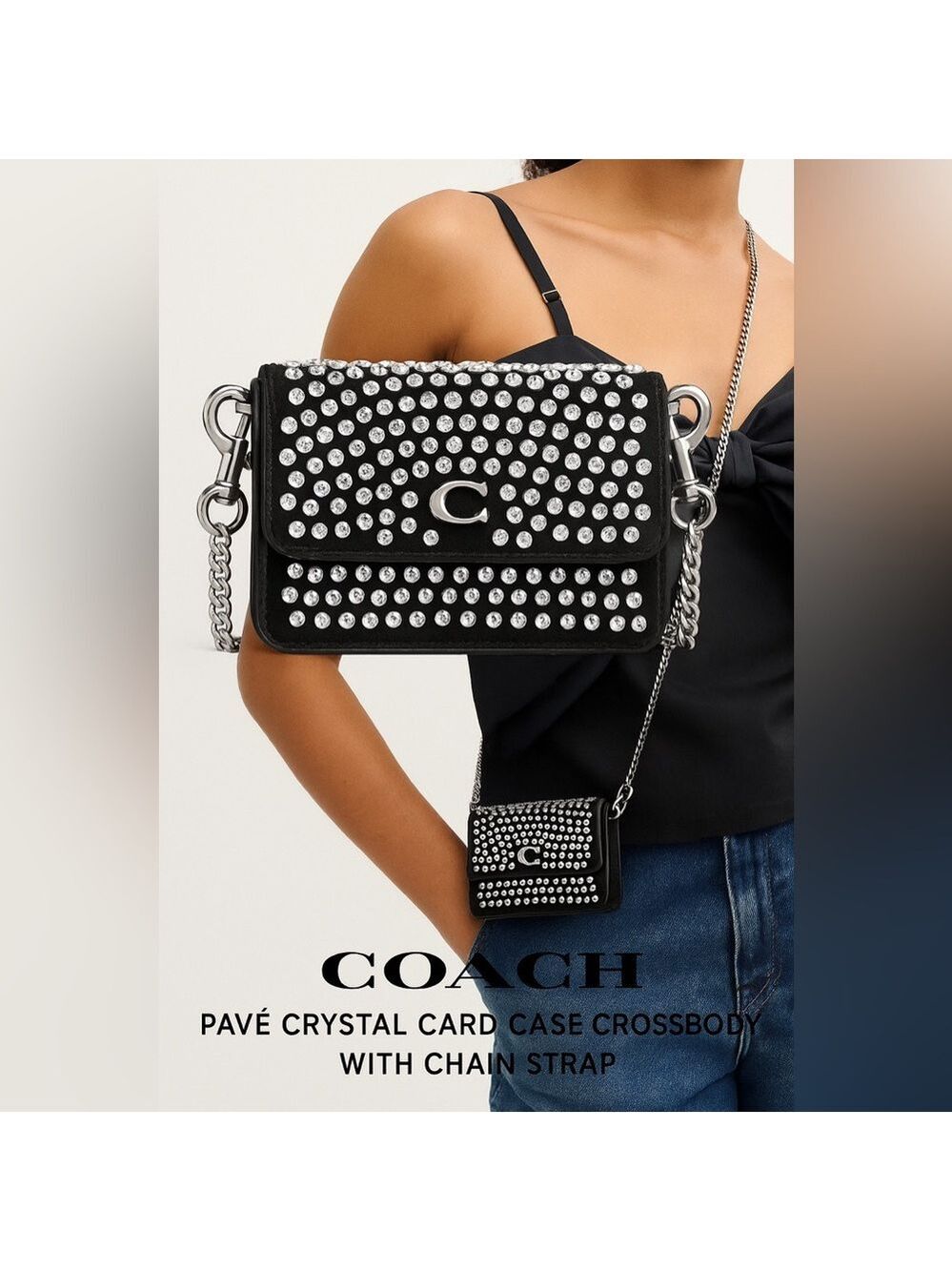 NEW Coach Pavé Crystal Leather Half Flap Crossbody Card Case in Black CW563 NWT - Picture 7 of 7